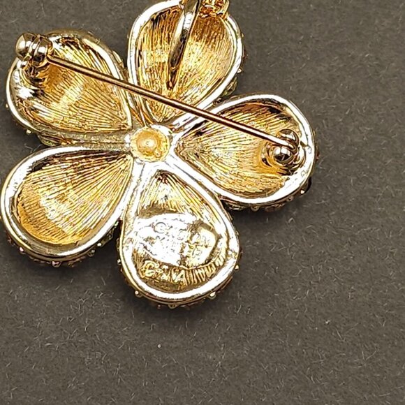 Nolan Miller Yellow Brown Rhinestone Pave Flower Brooch Necklace in Box Glamour - Picture 3 of 5